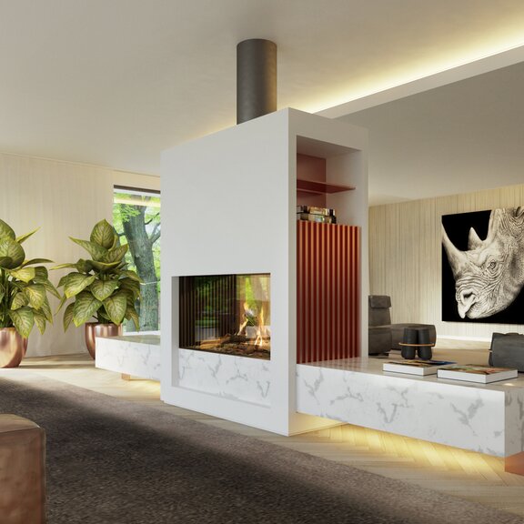 Gas fireplace GP110/59T installed as a tunnel in a white partition wall in the spacious and bright living room