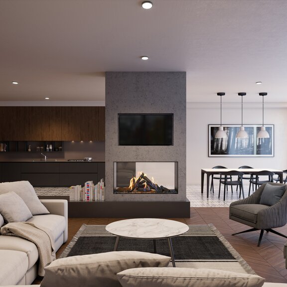 Gas fireplace GP110/59T tunnel as a room divider between the living room and the kitchen built into a grey stone wall