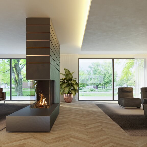 Gas fireplace GP115/75R on a black base unit and with dark panelling as a room divider between two living areas with large window fronts