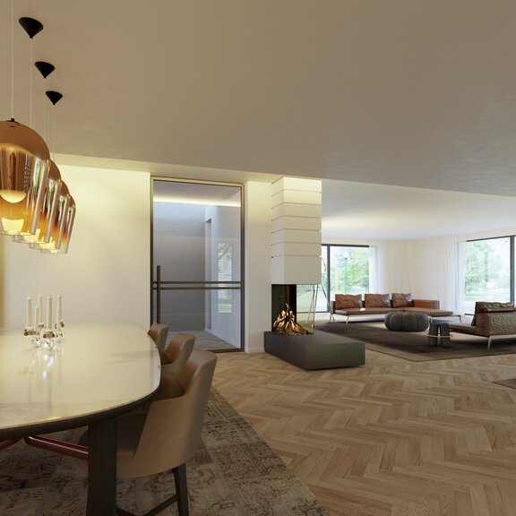 Gas fireplace GP115/75R as room divider between dining room with dining table and carpet and living room with parquet floor and sofa