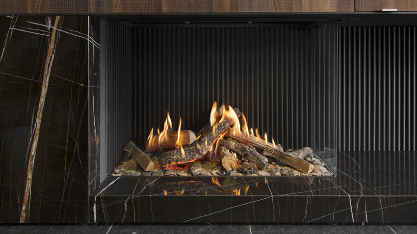 Gas fireplace GP110/75C corner version with ceramic wood logs on black stone base with black back wall