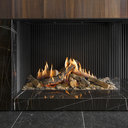 Gas fireplace GP110/75C corner version with ceramic wood logs on black stone base with black back wall