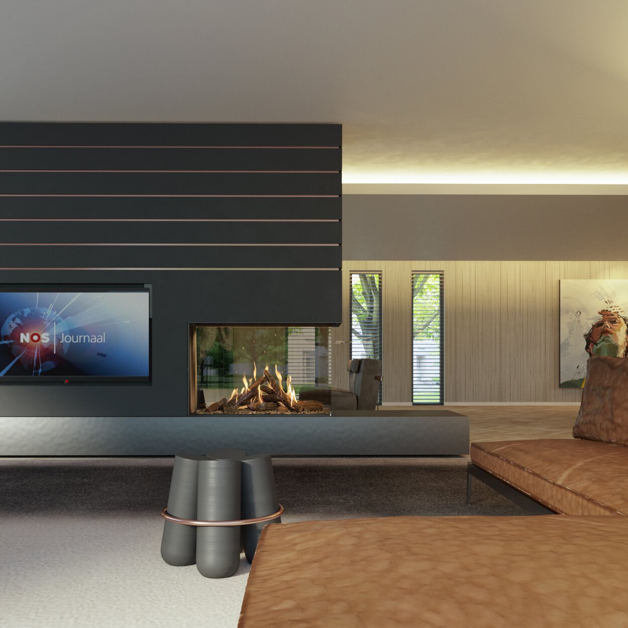 Camino a gas GP115/75R incorporato in un pensile nero nel soggiorno con divano in pelle e TV
