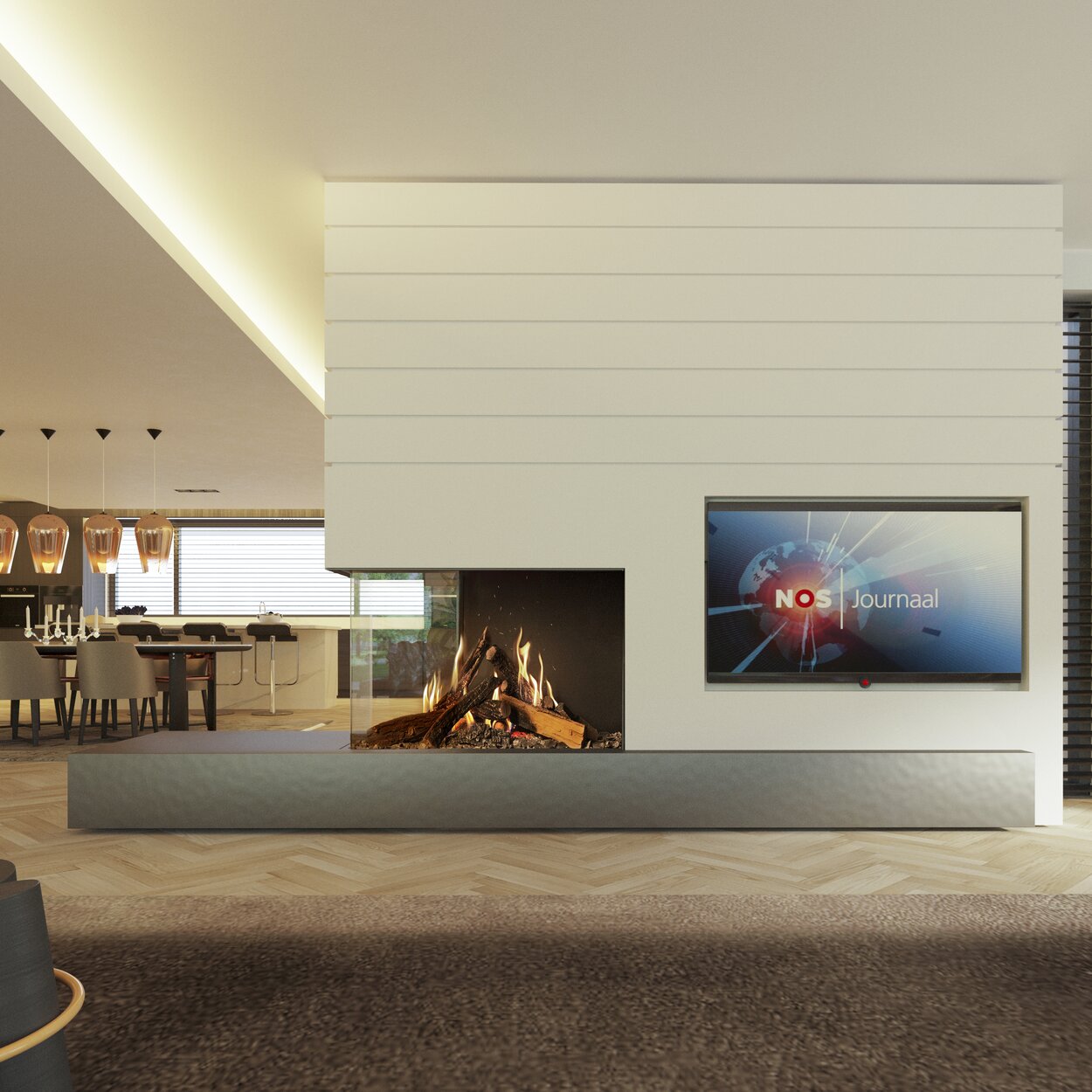 Gas-Kamin GP115/75R Raumteiler eingebaut in weisser Wohnwand mit Fernseher im Wohnzimmer und Blick aufs Esszimmer