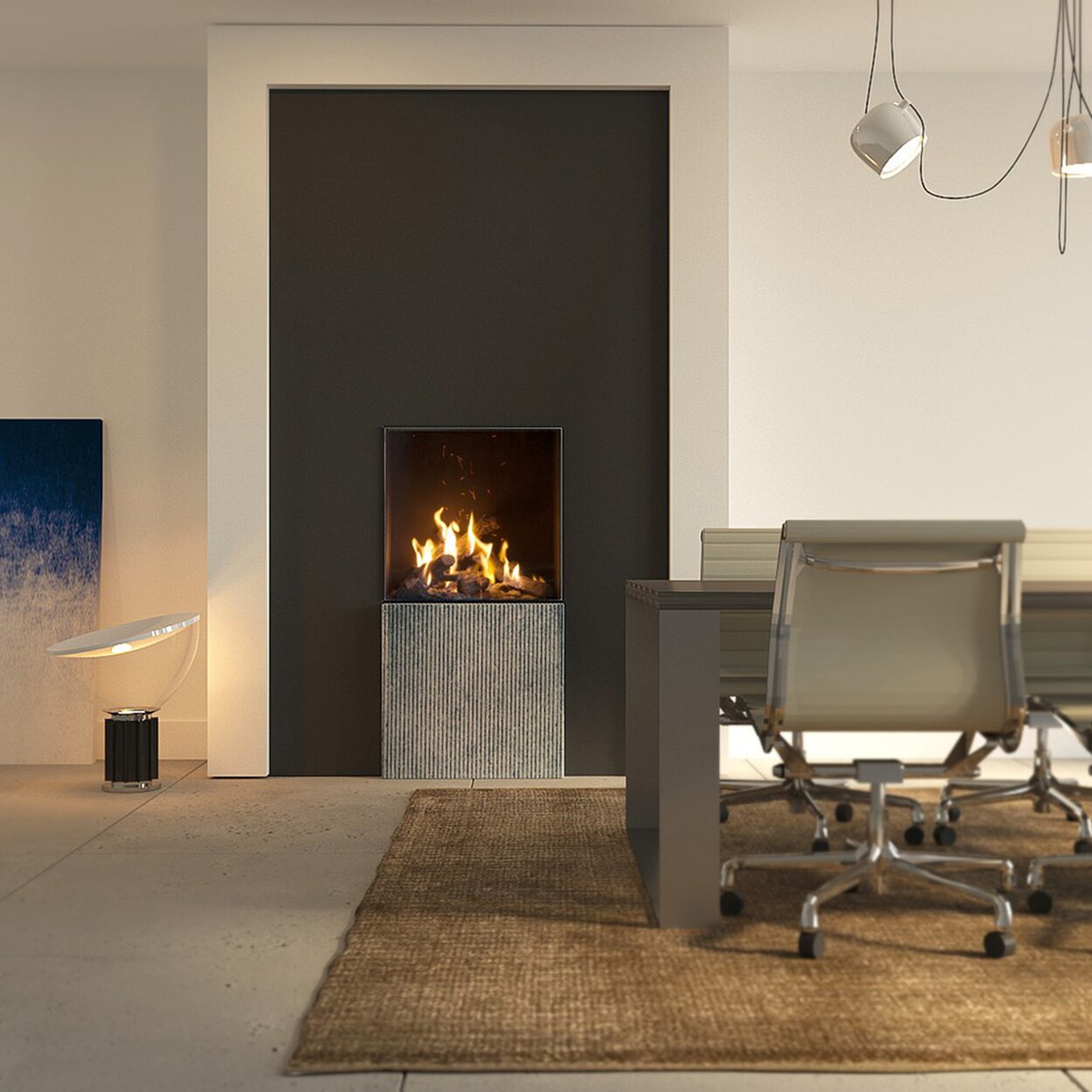 Gas fireplace GP60/59F front version in a simple dining room with white walls and beige furniture