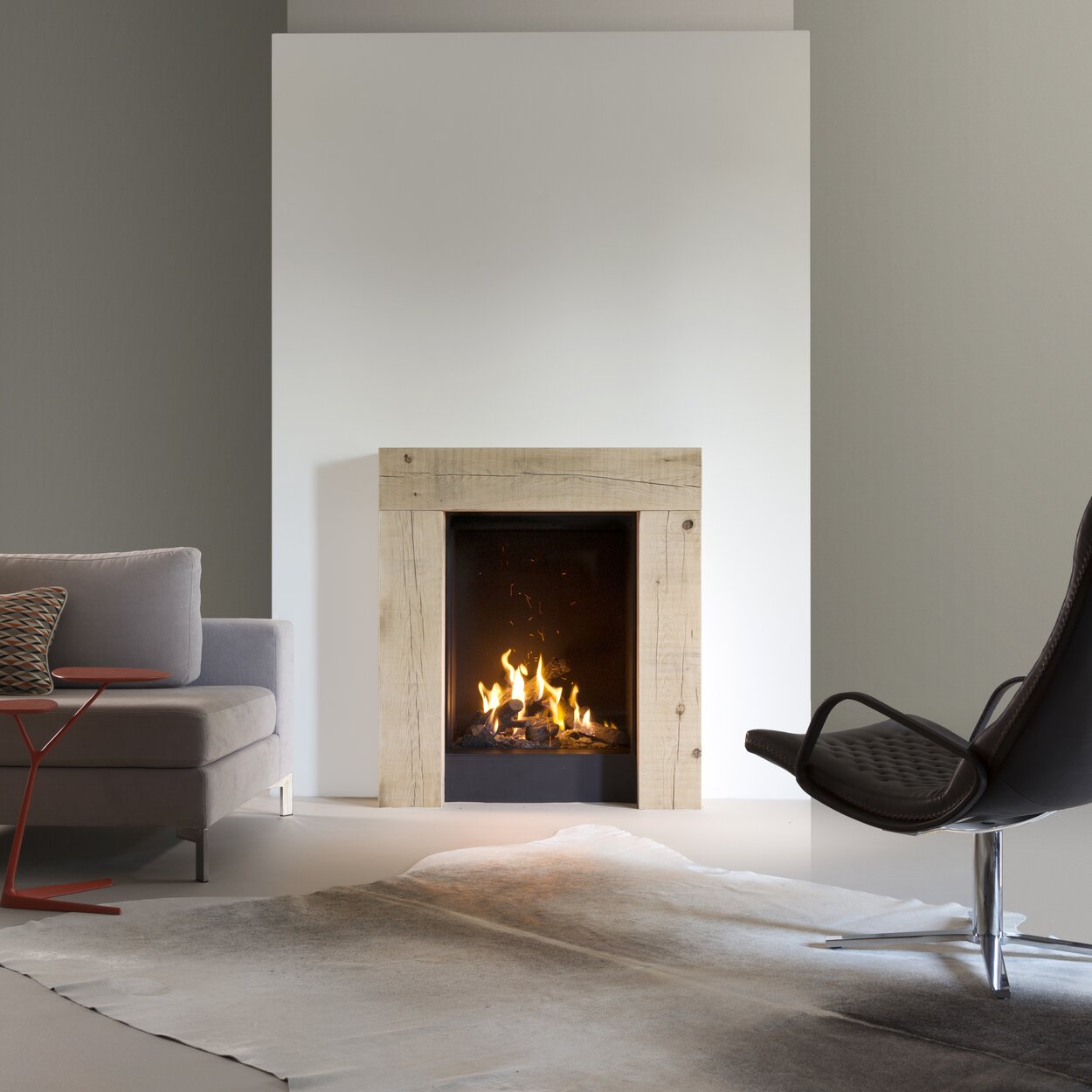 Gas fireplace GP60/79F front version with wooden frame built into white wall