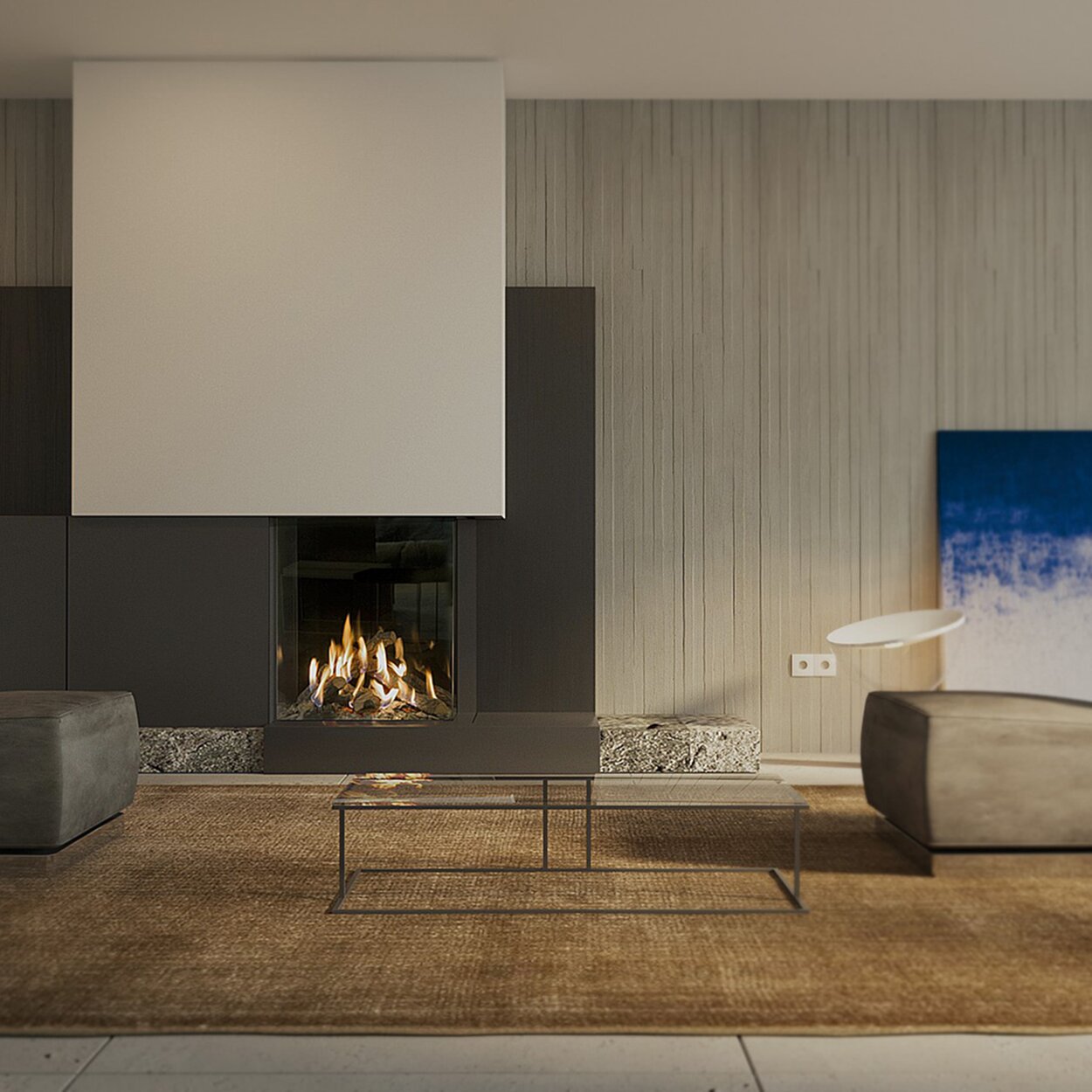 Gas-Kamin GP65/75C Eckversion mit dunkler Rückwand und weisser Verkleidung im minimalistisch eingerichteten Wohnzimmer