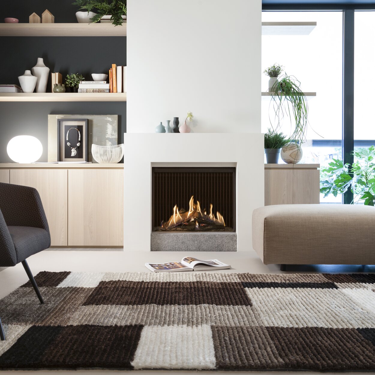Gas fireplace GP75/59F with front glass in modern living room with brown decoration built into white wall