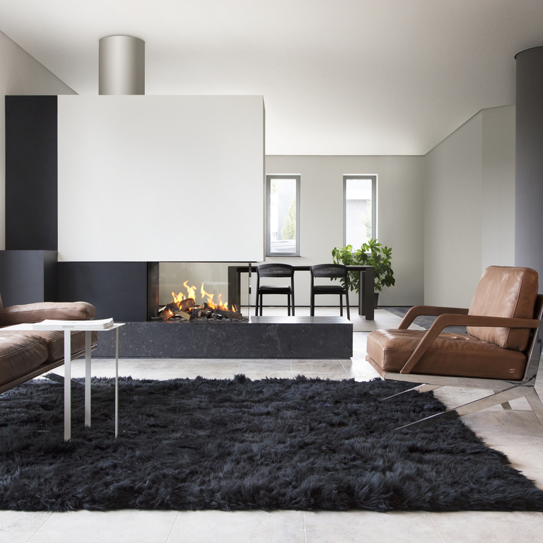 Camino a gas GP85/50R divisorio per ambienti in un soggiorno semplice con pareti chiare e tappeto nero
