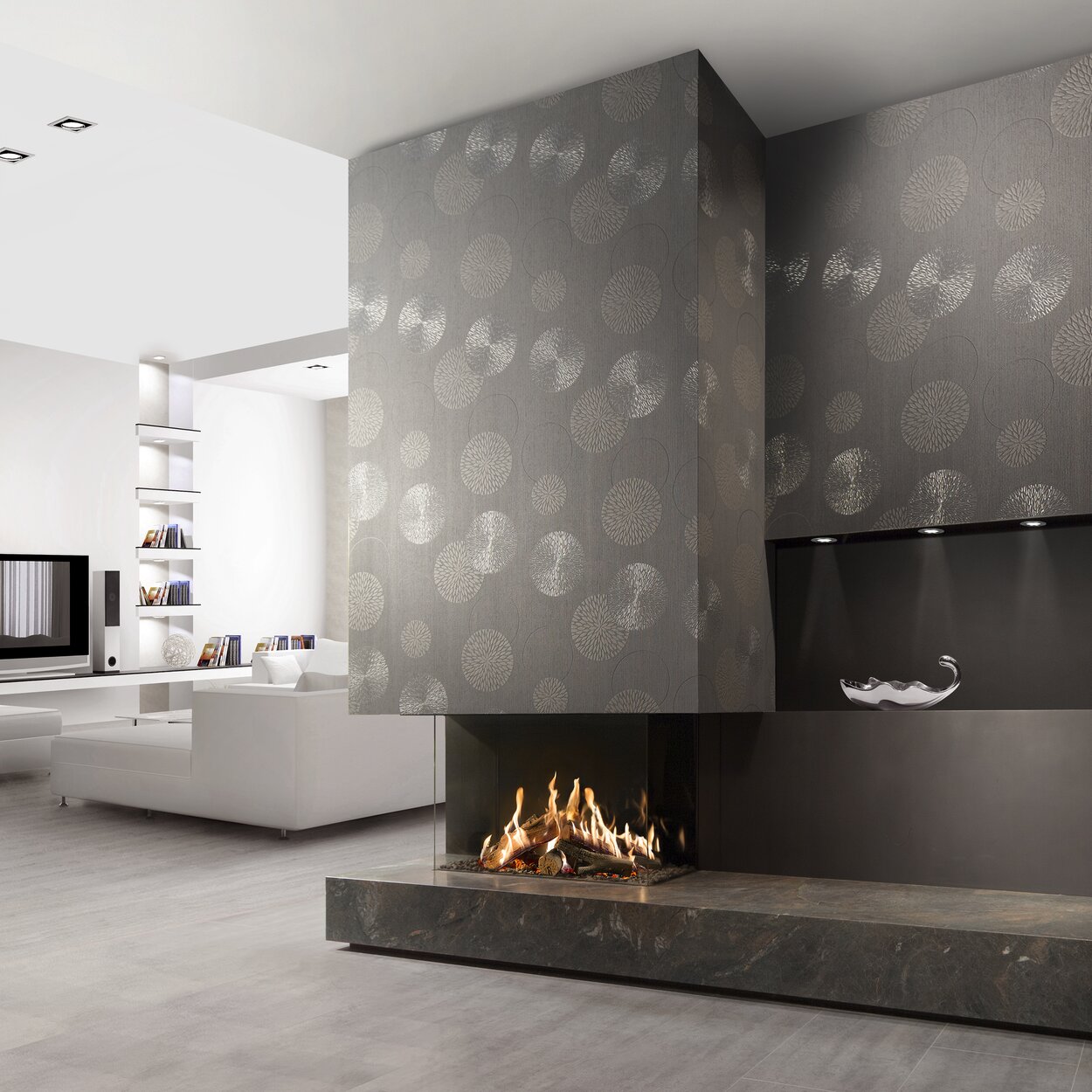 GP85/55S gas fireplace with grey cladding in a modern living room with white walls