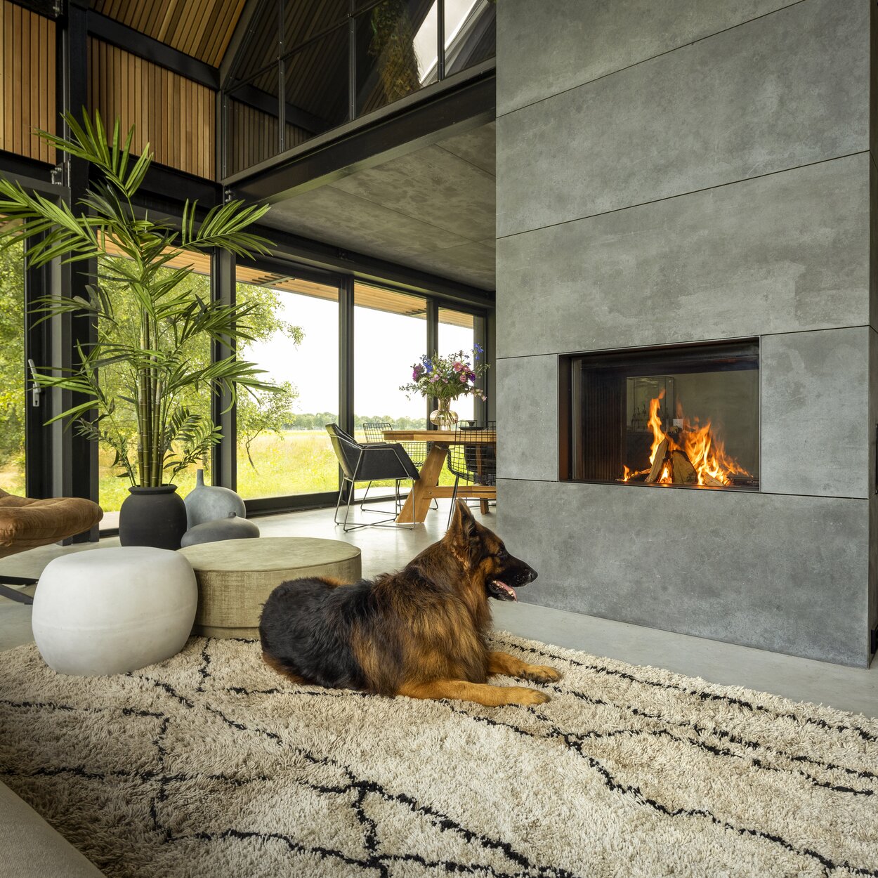 Wood fireplace W80/52T by Kalfire as a centrepiece in the living room with natural furnishings and dog in front of the tunnel fireplace
