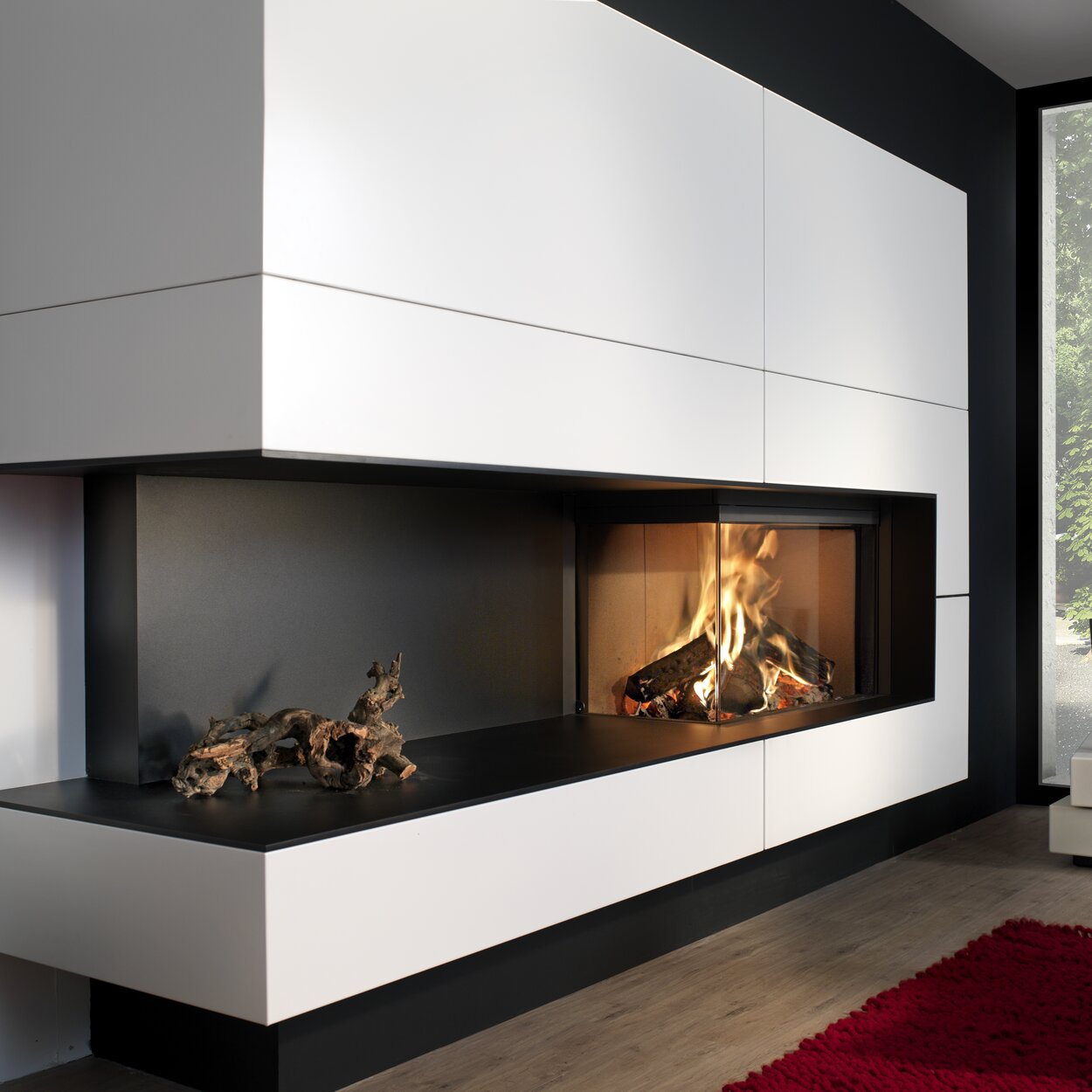 Wood fireplace W90/47C corner version left by Kalfire in a modern white element with side bench in a modern furnished flat