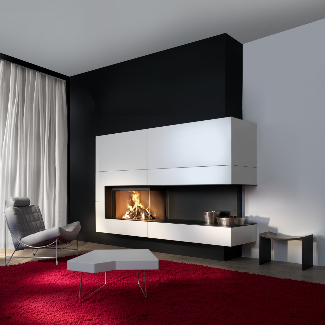 Wood fireplace W90/47C corner version right by Kalfire in a modern white element with side bench in a modern furnished flat